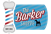 a blue and red sign with a dog and a blue and white striped pole
