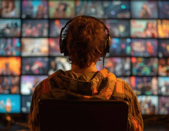 a person wearing headphones looking at a large screen