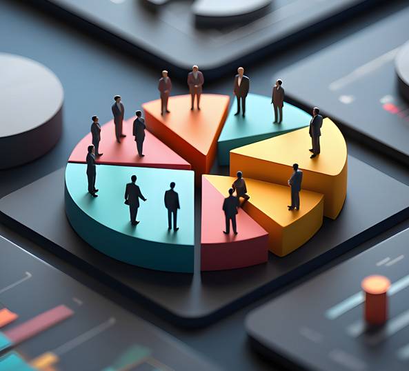 a group of people standing on a pie chart