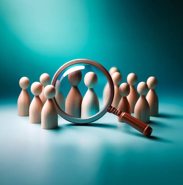 a magnifying glass looking at wooden figures