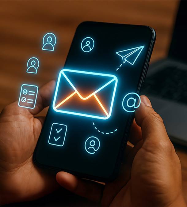 a hand holding a phone with a lit up email icon